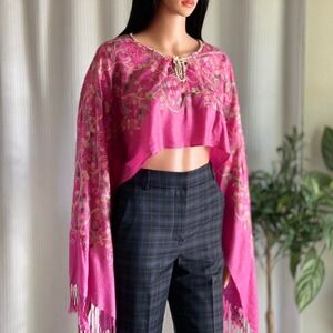 Embroidered Floral Pink Cape Shawl Top Tassel Cropped‎ Boho Festival Women